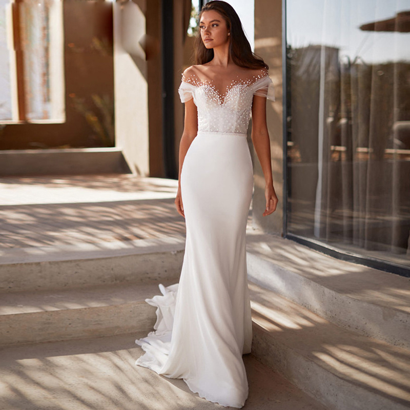 Neck Charming Sheer Mermaid Wedding Pearls Cap Sleeve Garden Bridal Gown Mesh Tulle Back Robe De Mariee Sweep Train