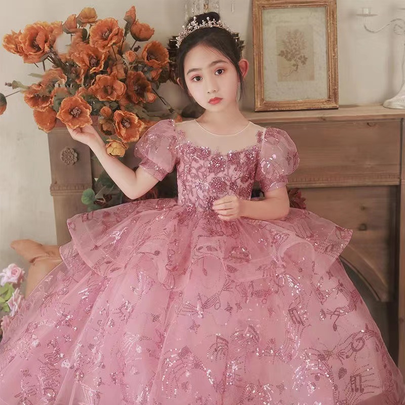 Glitter Pink Flower Sequin Baby Girl Square Puffy Dresses For Girls Birthday Party Gown Kids Formal Wear Shiny Christmas Tutu Dress 403