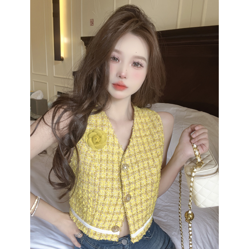 Womens summer yellow tweed woolen single breasted 3D flower patchwork short vest sleeveless tank tops SM