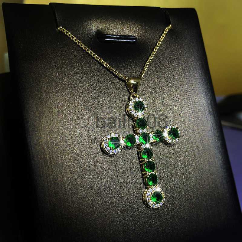 Pendant Necklaces 2022 NEW Luxurious Cross Emerald Pendant Neckle Women's silver plate Grade Green Zircon Lady Birthday Cocktail Gift Jewelry J23