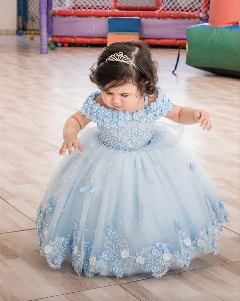 Light Sky Blue Lace Flower Girl Dresses for Wedding D Appliqued Ball Gown Toddler Pageant Gowns Tulle Pearls Floor Length Kids Birthday Dress