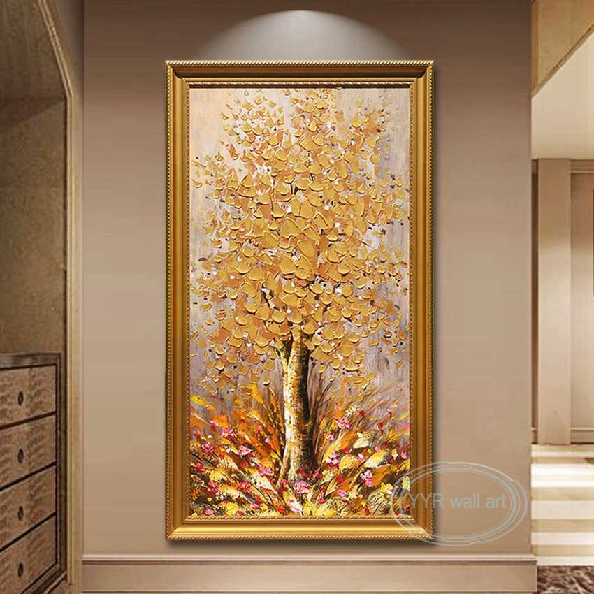 Abstract Golden Fortune Tree 3D Texture Art Poster Handmade Oil Painting Wall Decor Picture Home Hotel Restaurant Custom Mural L230620