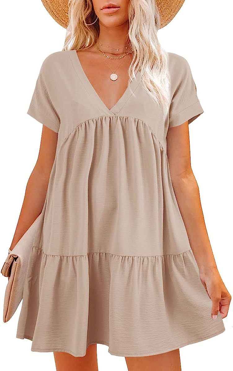 Women V Neck Flowy Dresses Summer Short Sleeve Swing Shift Loose Casual Summer Mini Tunic Dress, Khaki
Women V Neck Flowy Dresses Summer Short Sleeve Swing Shift Loose Casual Summer Mini Tunic Dress, Khaki
