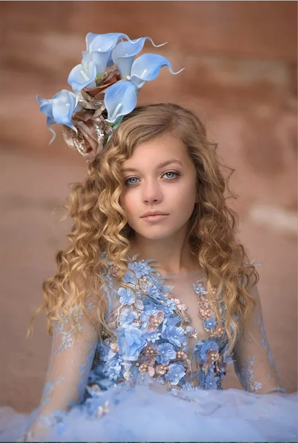 Blue Princess Flowers Girls Dresses For Wedding Long Sleeve Appliques Beads Ball Gown Kids Pageant Gowns First Holy Communion Dress 0431
