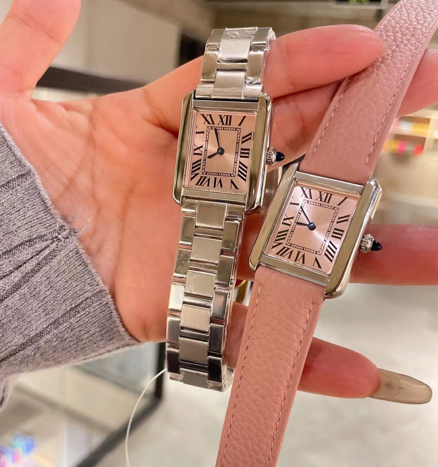 Luxury Women Stainless Steel Tank Quartz Watches Vintage Pink Leather Zircon Rectangle Wristwatch Geometric Roman Numbers Watch Female Clock 24 27mm