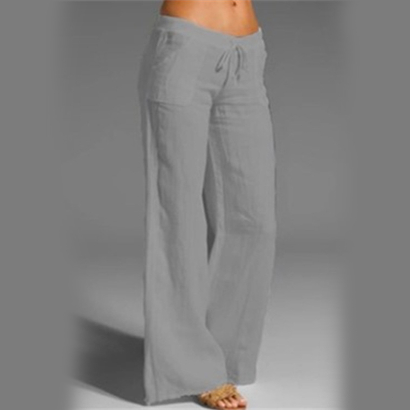 Pants S Women's Summer Women Vintage Solid Color Elastic Waist Cotton Linen Trousers Casual Lady Loose Wide Leg 2
