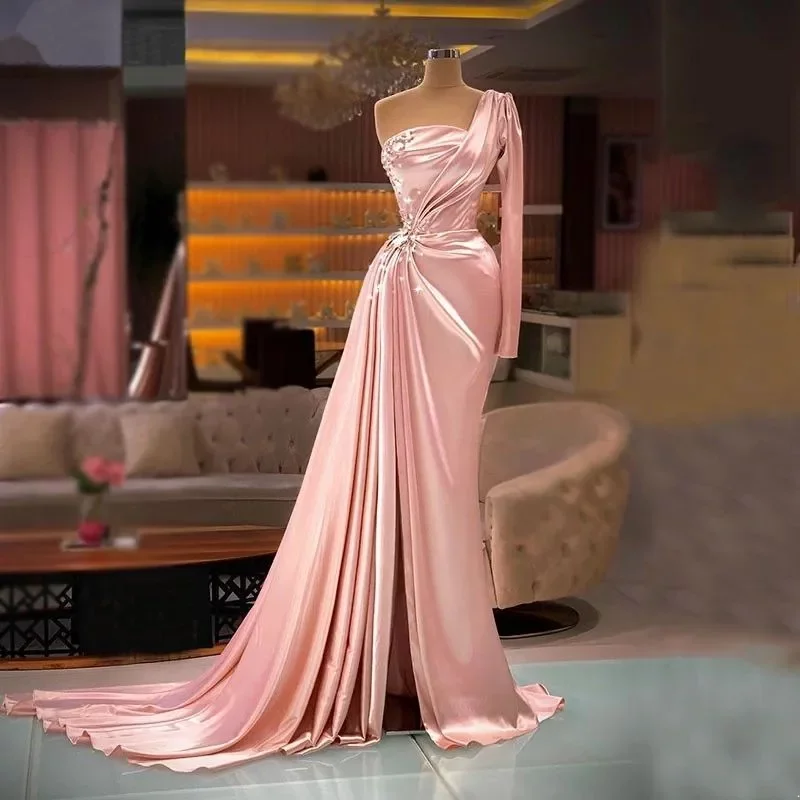 Pink Satin Mermaid Prom Party Dresses One Shoulder Beaded Front Split Formal Evening Ocn Gowns Robe De Marriage Lz0304