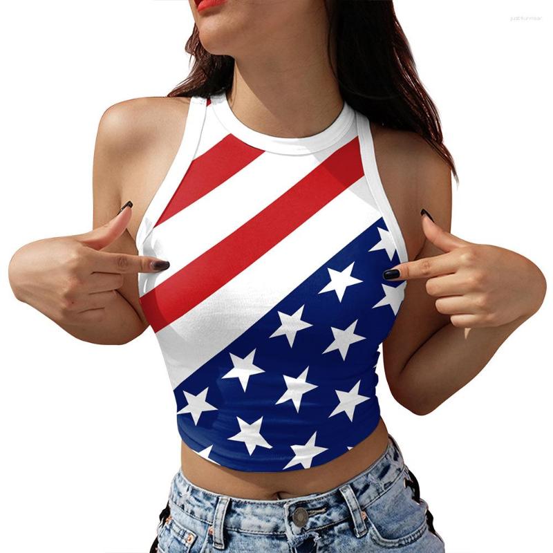 Women's T Shirts Summer July 4th Crop Top Vest Women Independence Day Flag Sleeveless Off-the-shoulder Tank Girl Short Camisole Sun-top