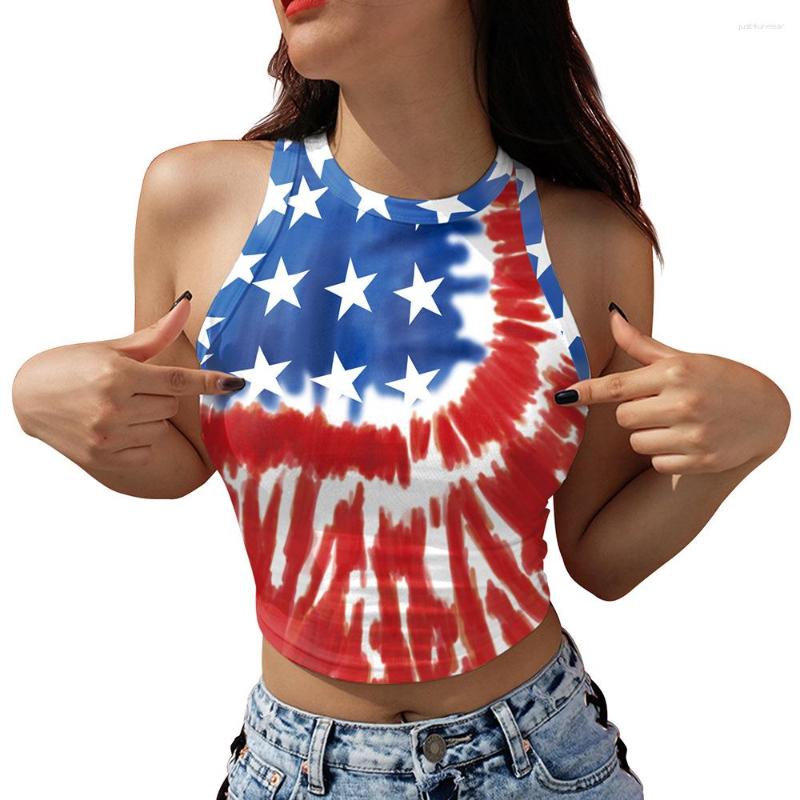 Women's T Shirts Summer July 4th Crop Top Vest Women Independence Day Flag Sleeveless Off-the-shoulder Tank Girl Short Camisole Sun-top