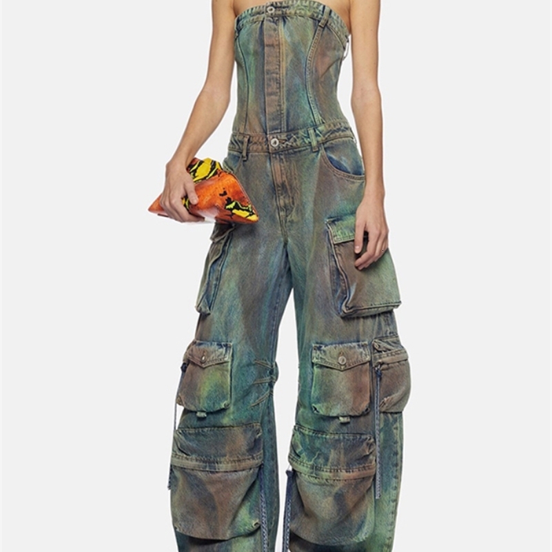 Women's Shorts Vintage Street Denim Jumpsuit Women Spring Summer Punk Rock Style Colorful Strapless Slim Fit Old Washed Wide Leg Pants 230619