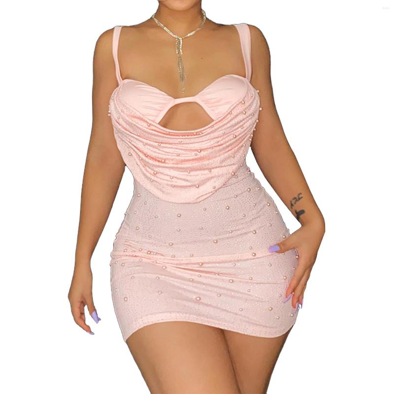 Casual Dresses Women Sling Mini Dress Sexy Folds Beads Evening Pile Collar Sleeveless Blackless Fashion Nightclub Party