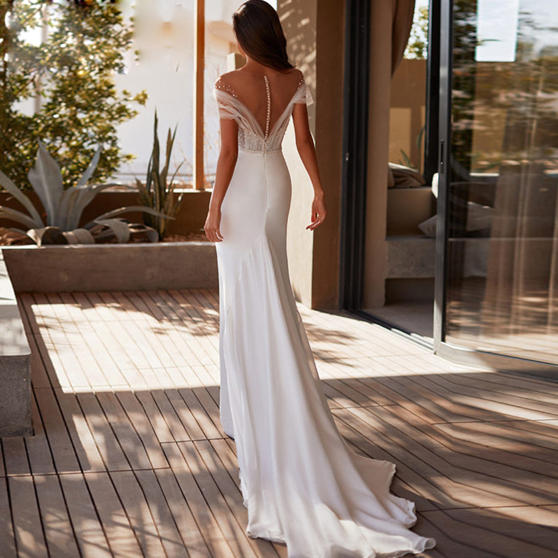 Neck Charming Sheer Mermaid Wedding Pearls Cap Sleeve Garden Bridal Gown Mesh Tulle Back Robe De Mariee Sweep Train