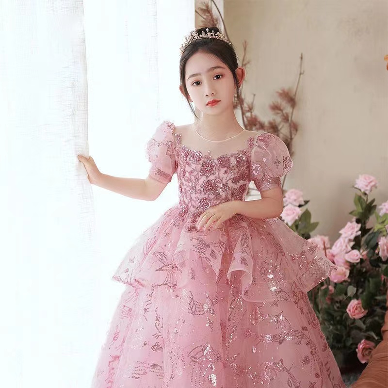 Glitter Pink Flower Sequin Baby Girl Square Puffy Dresses For Girls Birthday Party Gown Kids Formal Wear Shiny Christmas Tutu Dress 403