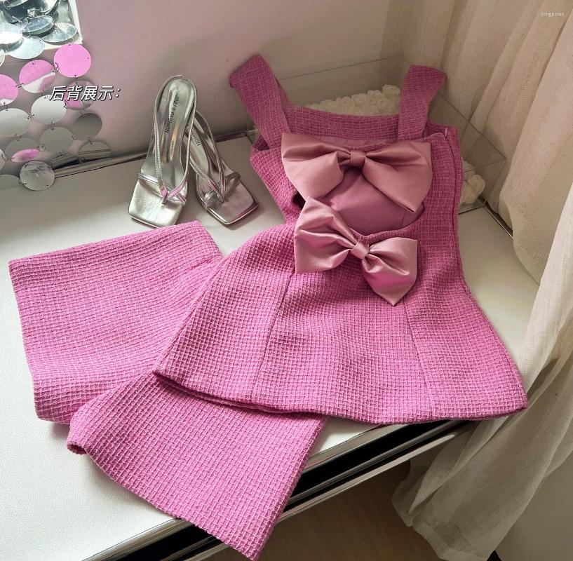 Women's Tracksuits 2023 Summer Y2K Two Piece Suit Women Back Bowknot Square Collar Luxury Diamond Buttons Spaghetti Strap Camisole Shorts