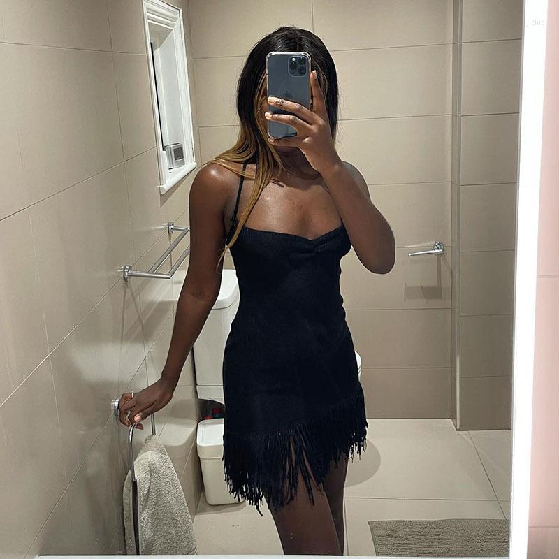 Casual Dresses 90s Vintage Knitted Tassel Wrap Bodycon Mini Dress Chic Wonmen Backless Tie-up Halter Club Party Night Cocktail Clothes