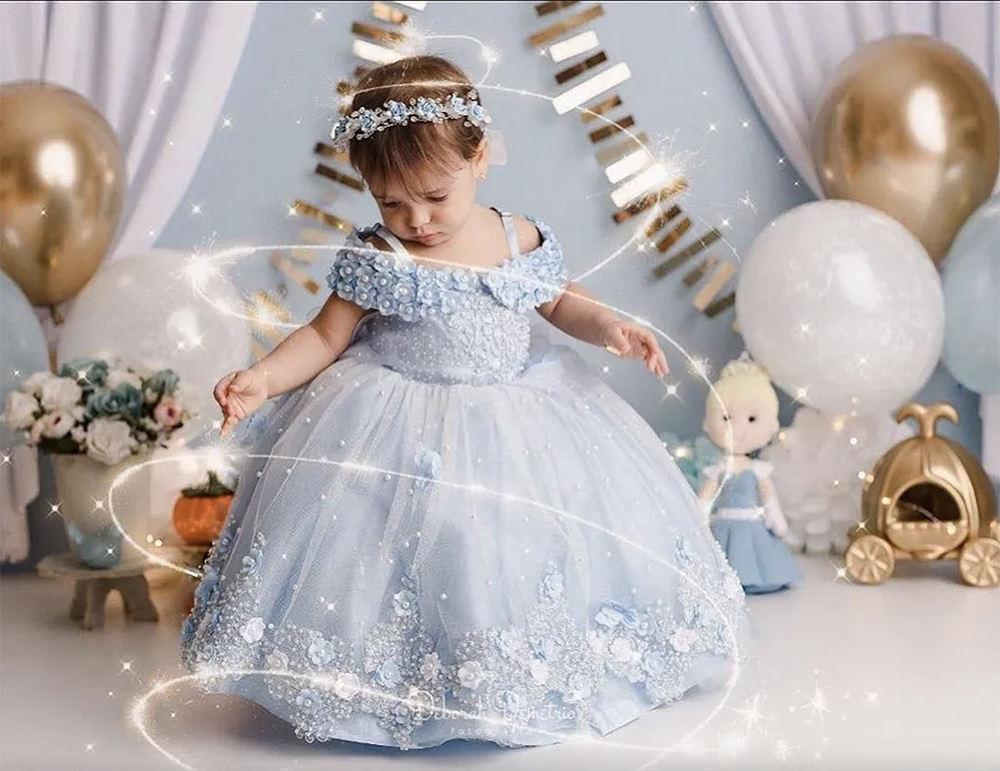 Light Sky Blue Lace Flower Girl Dresses for Wedding D Appliqued Ball Gown Toddler Pageant Gowns Tulle Pearls Floor Length Kids Birthday Dress