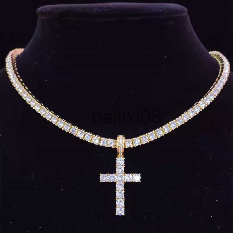 Necklaces Men Women Hip Hop Cross Pendant Neckle with 4mm Zircon Tennis Chain Iced out Bg Neckles HipHop Jewelry Fashion Gift J230620