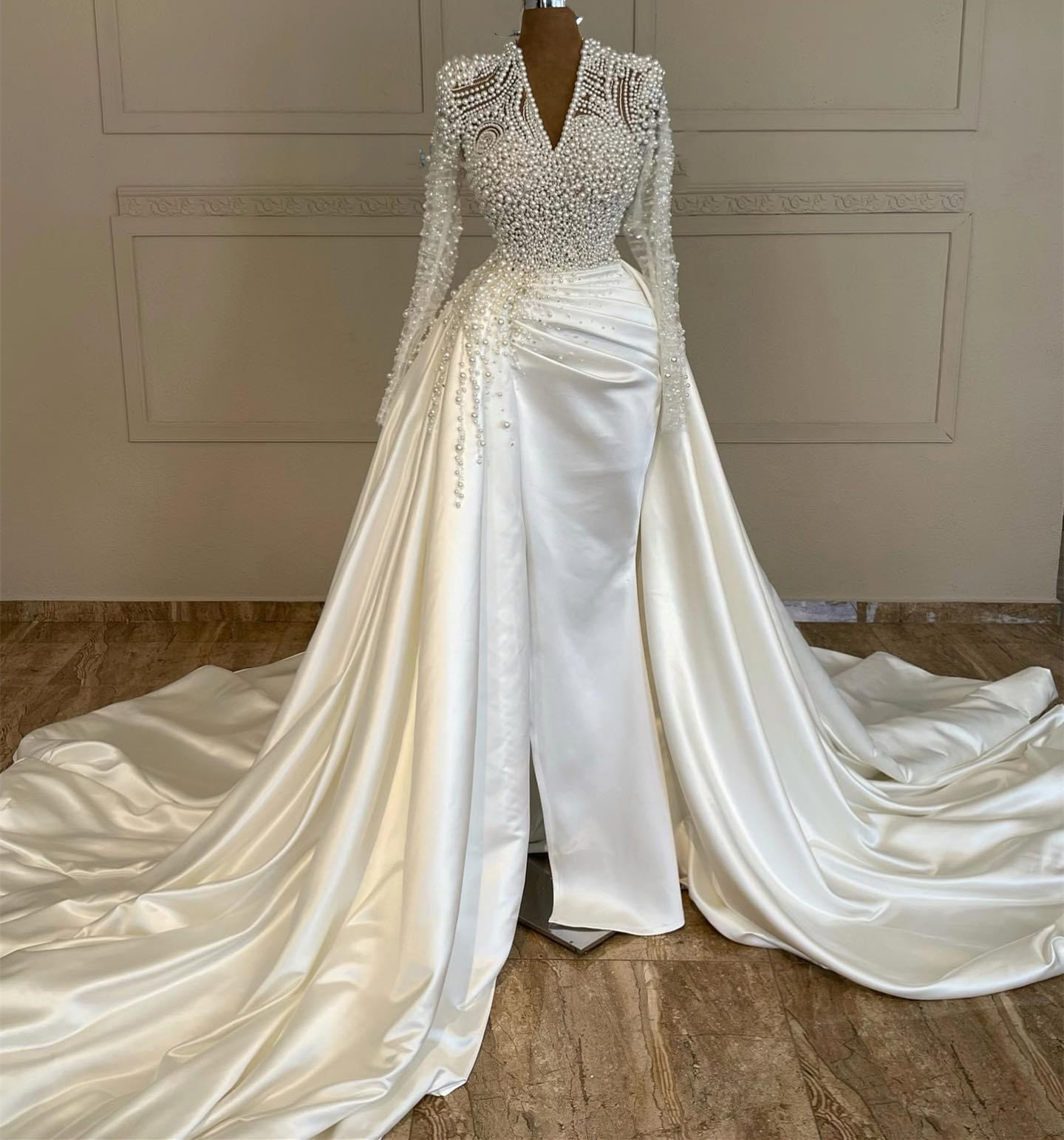Ivory Mermaid Arabic Aso Ebi Wedding Dress Pearls Long Sleeves Satin Urious Bridal Gowns Dresses Zj Es 6660306