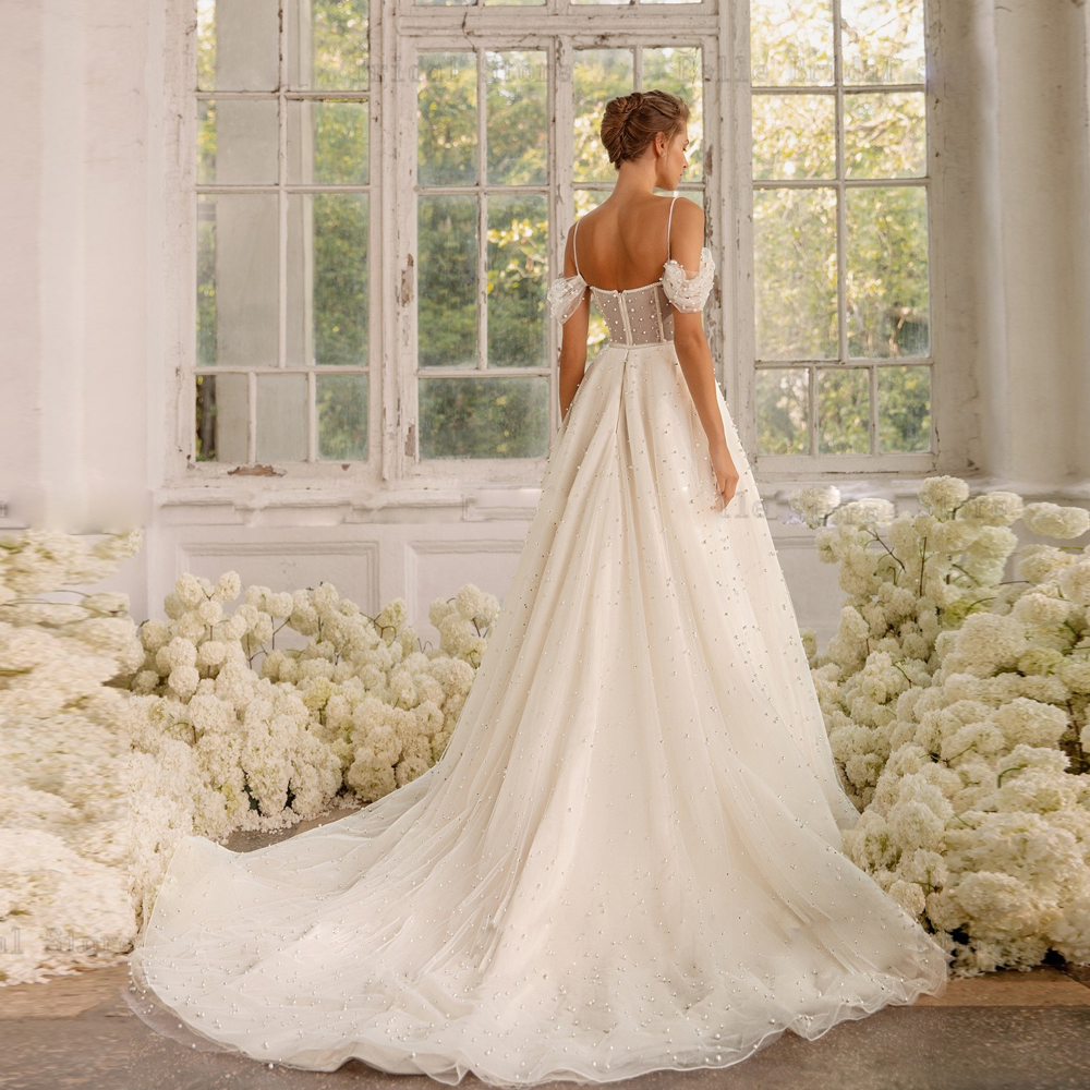 Elegant Pearls A Line Spaghetti Strap Wedding Dresses Off The Shoulder Tulle Boho Bridal Gown Sweep Train Vestido De Mariee 326