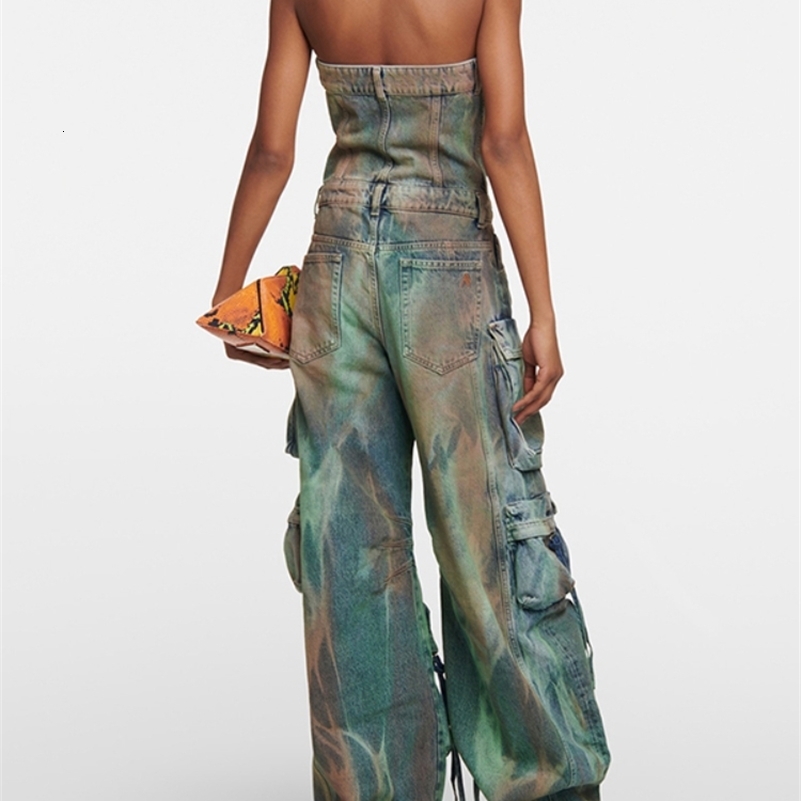 Women's Shorts Vintage Street Denim Jumpsuit Women Spring Summer Punk Rock Style Colorful Strapless Slim Fit Old Washed Wide Leg Pants 230619