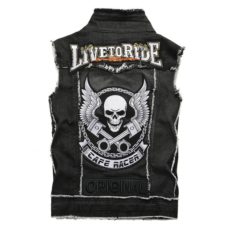 Men's Vests Mens Punk Denim Black Skull Embroidery Waistcoat Slim Fit Fashion Jeans Sleeveless Jacket Male Vest Tops 230620