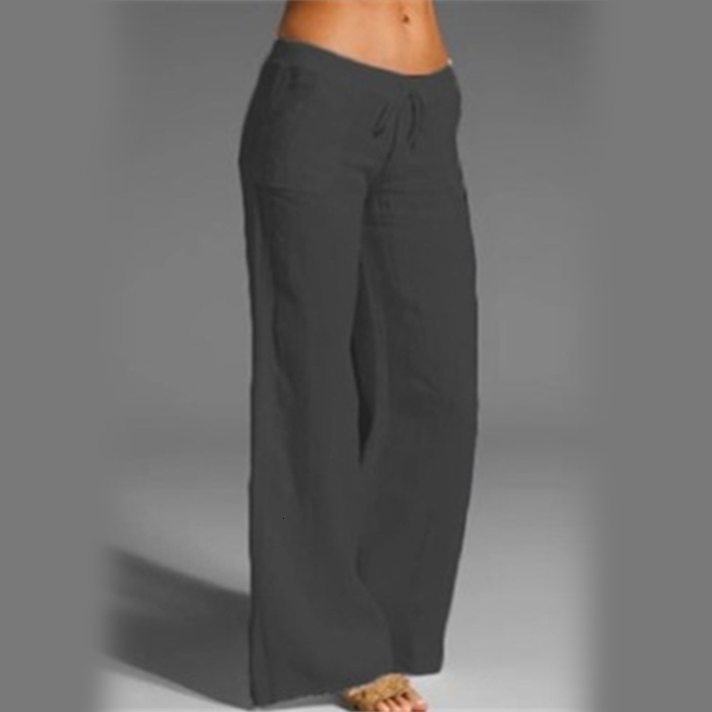 Pants S Women's Summer Women Vintage Solid Color Elastic Waist Cotton Linen Trousers Casual Lady Loose Wide Leg 2