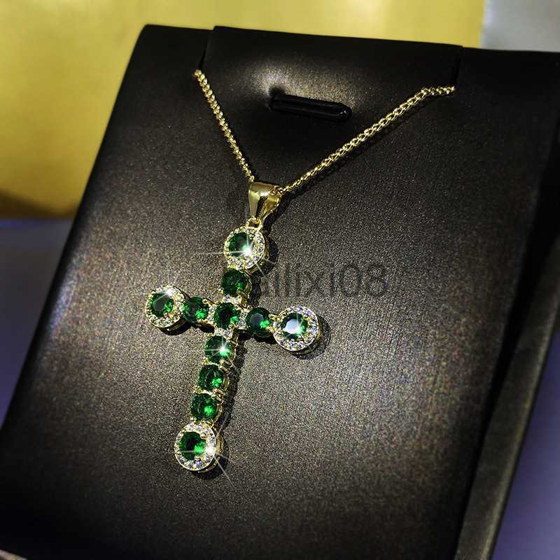 Pendant Necklaces 2022 NEW Luxurious Cross Emerald Pendant Neckle Women's silver plate Grade Green Zircon Lady Birthday Cocktail Gift Jewelry J23