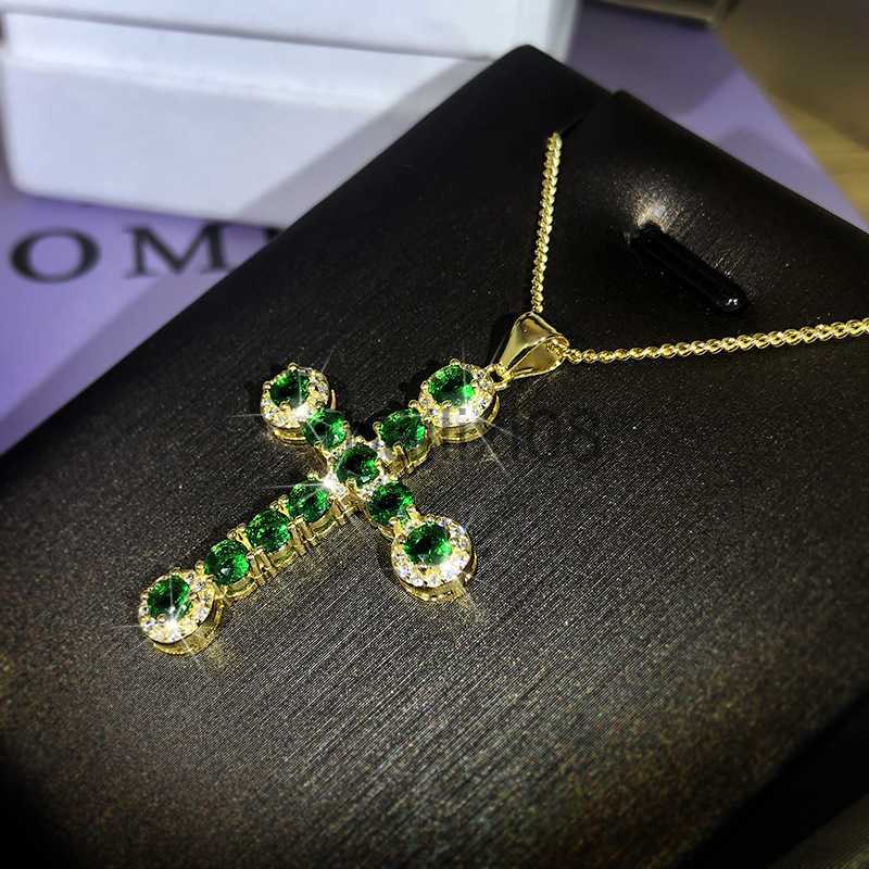Pendant Necklaces 2022 NEW Luxurious Cross Emerald Pendant Neckle Women's silver plate Grade Green Zircon Lady Birthday Cocktail Gift Jewelry J23