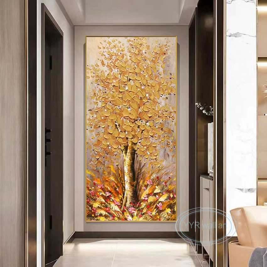 Abstract Golden Fortune Tree 3D Texture Art Poster Handmade Oil Painting Wall Decor Picture Home Hotel Restaurant Custom Mural L230620