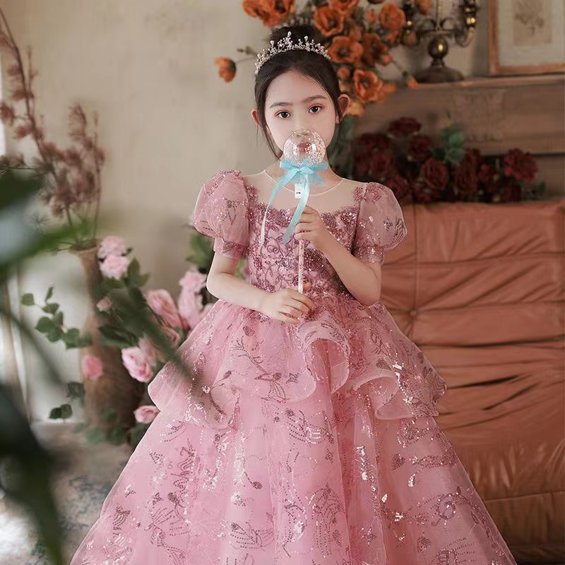 Glitter Pink Flower Sequin Baby Girl Square Puffy Dresses For Girls Birthday Party Gown Kids Formal Wear Shiny Christmas Tutu Dress 403
