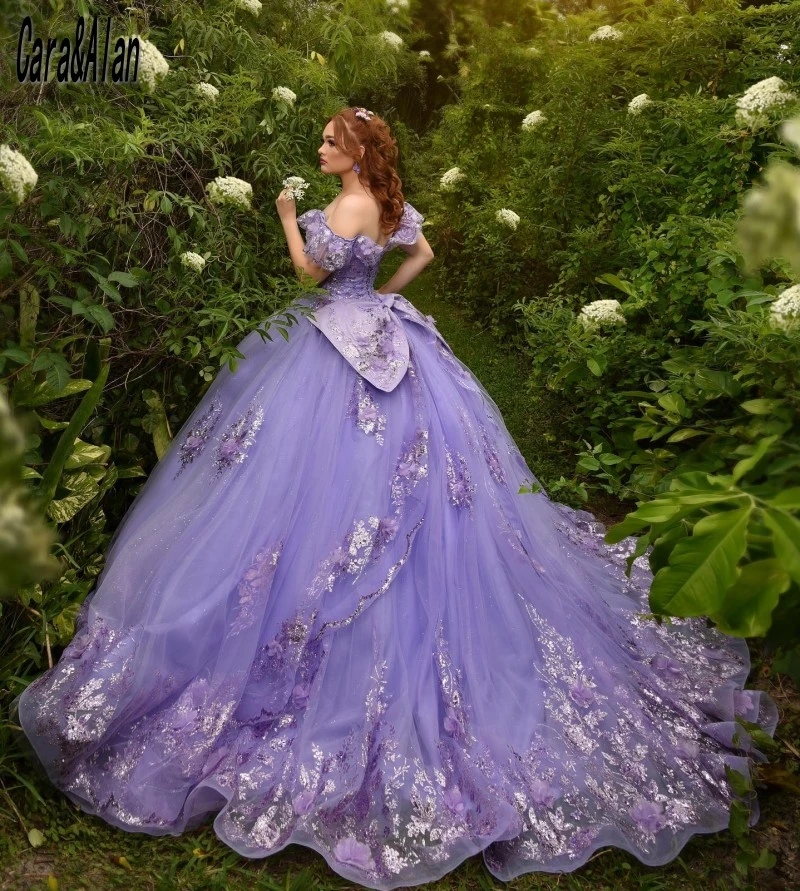 2024 New Lavender Quinceanera Dresses With Bow Applique Vestidos De 15 Anos Tulle Lace Beading Mexican Girls Birthday Gowns