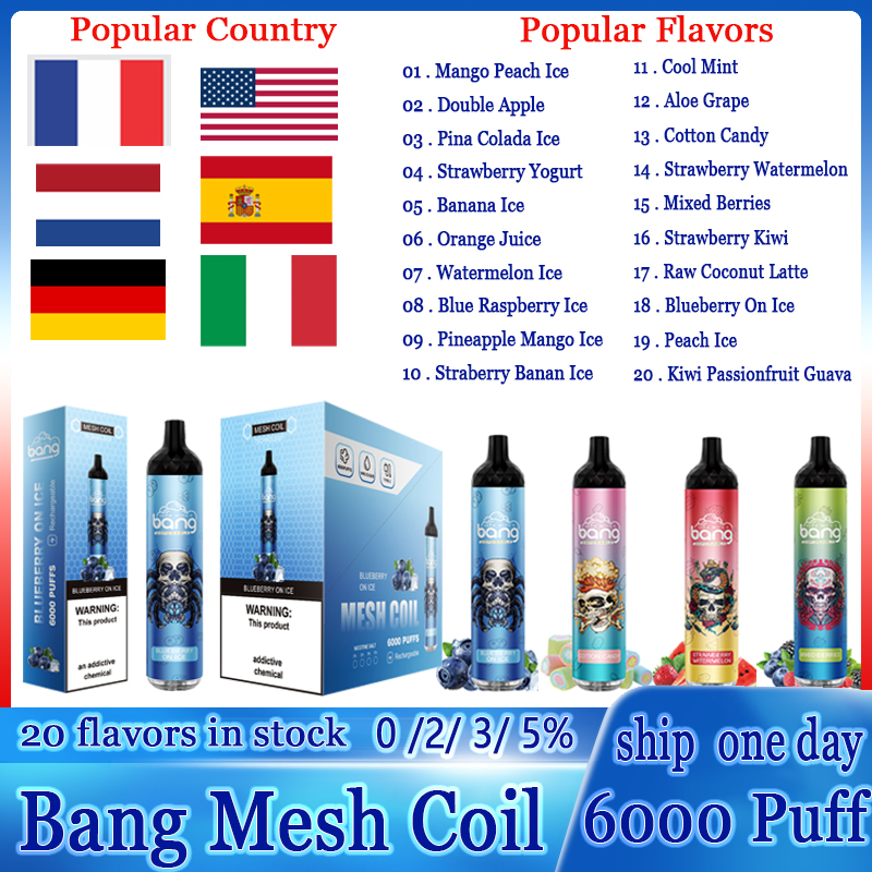 Original Bang Mesh Coil 6000 Puffs Disposable E-cigarettes Bars Bang Puff 6000 e cigarette Vape desechable Bang 6k Pen 14ml vapers desechables 1100mAh Rechargeable
Original Bang Mesh Coil 6000 Puffs Disposable E-cigarettes Bars Bang Puff 6000 e cigarette Vape desechable Bang 6k Pen 14ml vapers desechables 1100mAh Rechargeable