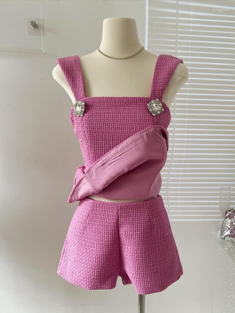 Women's Tracksuits 2023 Summer Y2K Two Piece Suit Women Back Bowknot Square Collar Luxury Diamond Buttons Spaghetti Strap Camisole Shorts