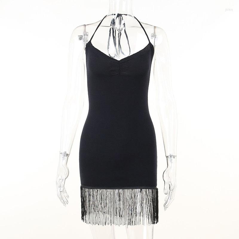 Casual Dresses 90s Vintage Knitted Tassel Wrap Bodycon Mini Dress Chic Wonmen Backless Tie-up Halter Club Party Night Cocktail Clothes