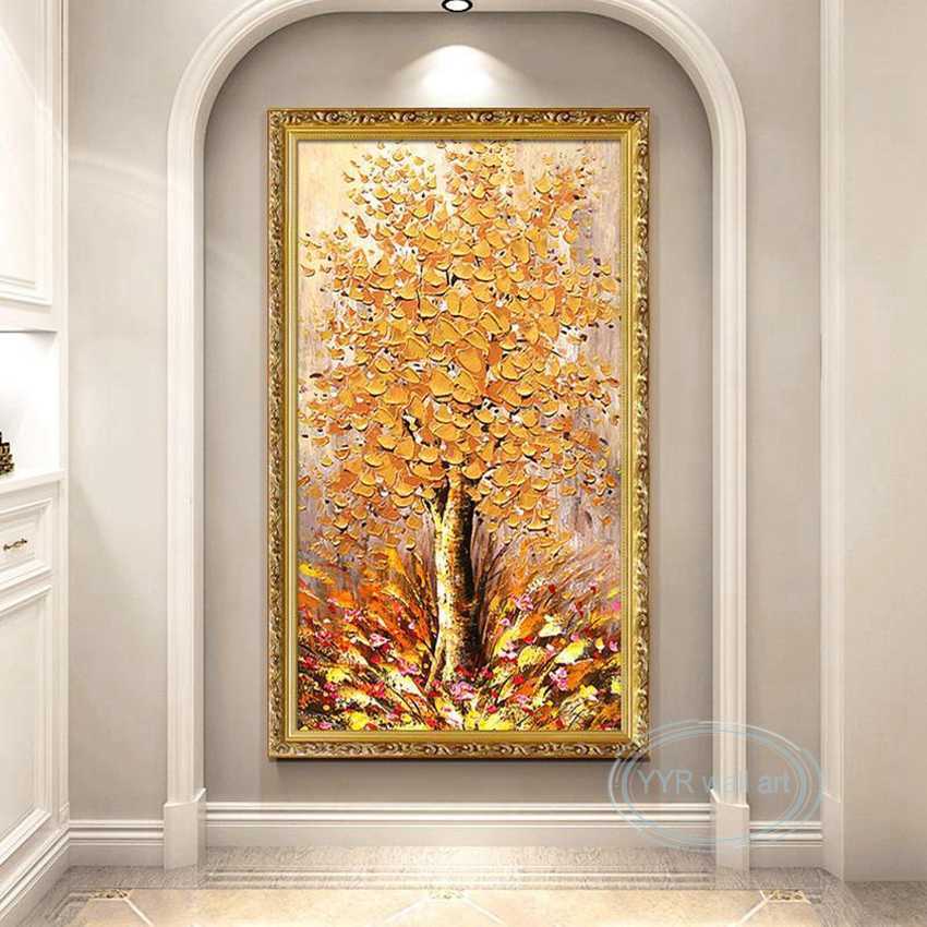 Abstract Golden Fortune Tree 3D Texture Art Poster Handmade Oil Painting Wall Decor Picture Home Hotel Restaurant Custom Mural L230620