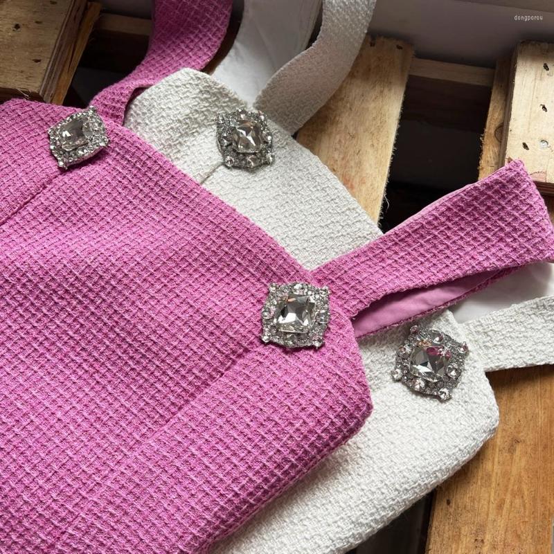 Women's Tracksuits 2023 Summer Y2K Two Piece Suit Women Back Bowknot Square Collar Luxury Diamond Buttons Spaghetti Strap Camisole Shorts