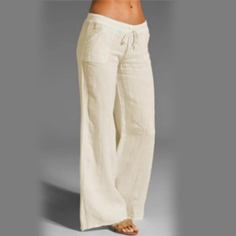 Pants S Women's Summer Women Vintage Solid Color Elastic Waist Cotton Linen Trousers Casual Lady Loose Wide Leg 2