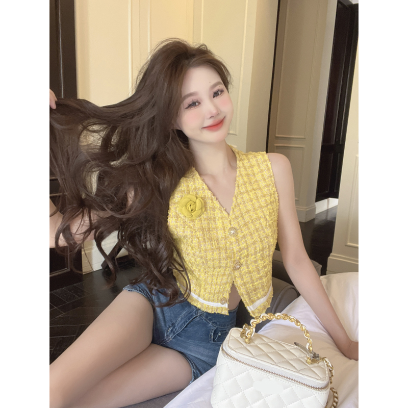Womens summer yellow tweed woolen single breasted 3D flower patchwork short vest sleeveless tank tops SM