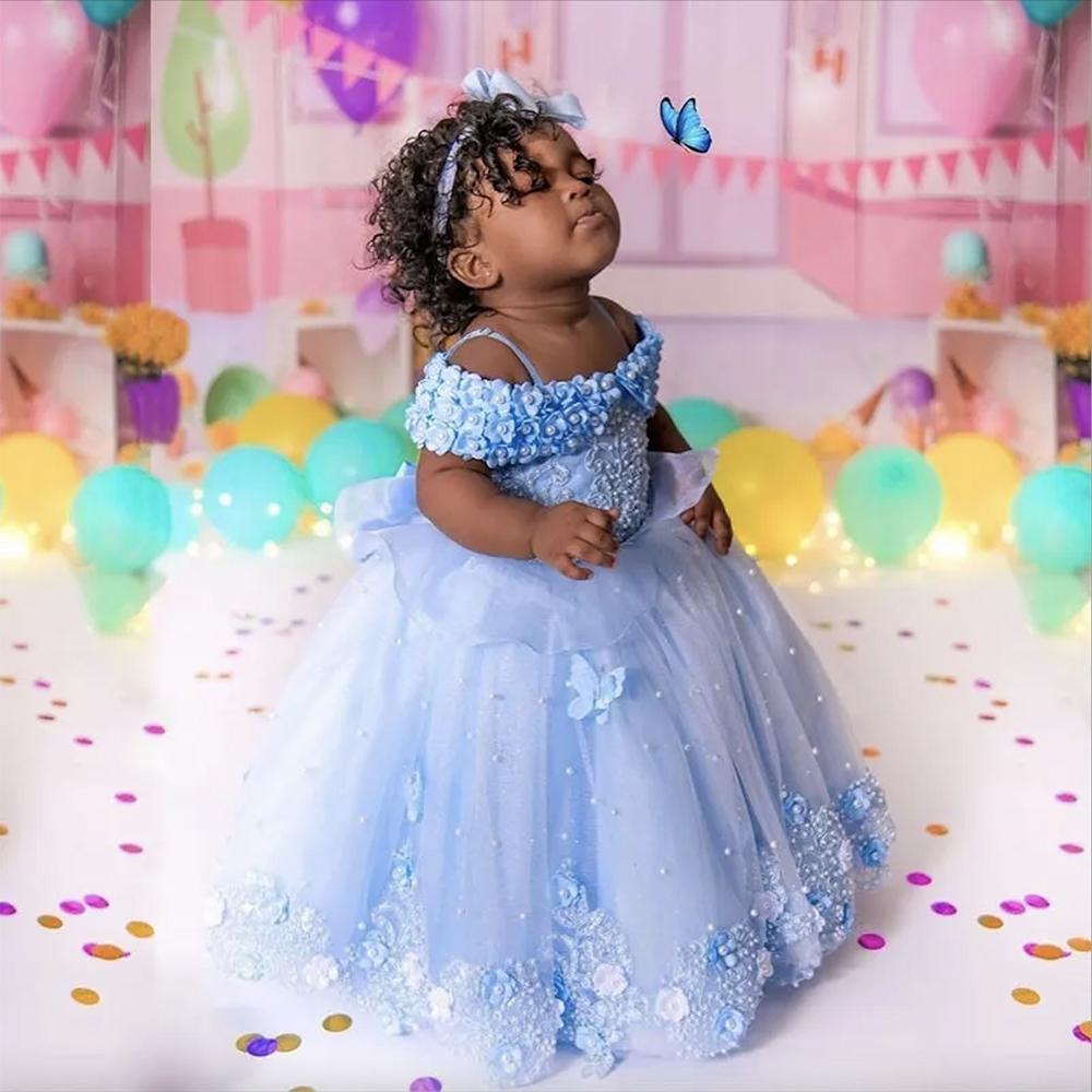 Light Sky Blue Lace Flower Girl Dresses for Wedding D Appliqued Ball Gown Toddler Pageant Gowns Tulle Pearls Floor Length Kids Birthday Dress