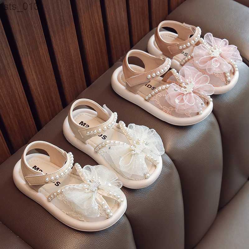 

Girls' Sandals 2023 Versatile Lace Bow Pearl Children's Fashion Casual Shoes Open Toe Party Wedding Show Mary Jane Kids Shoes L230518, Beige