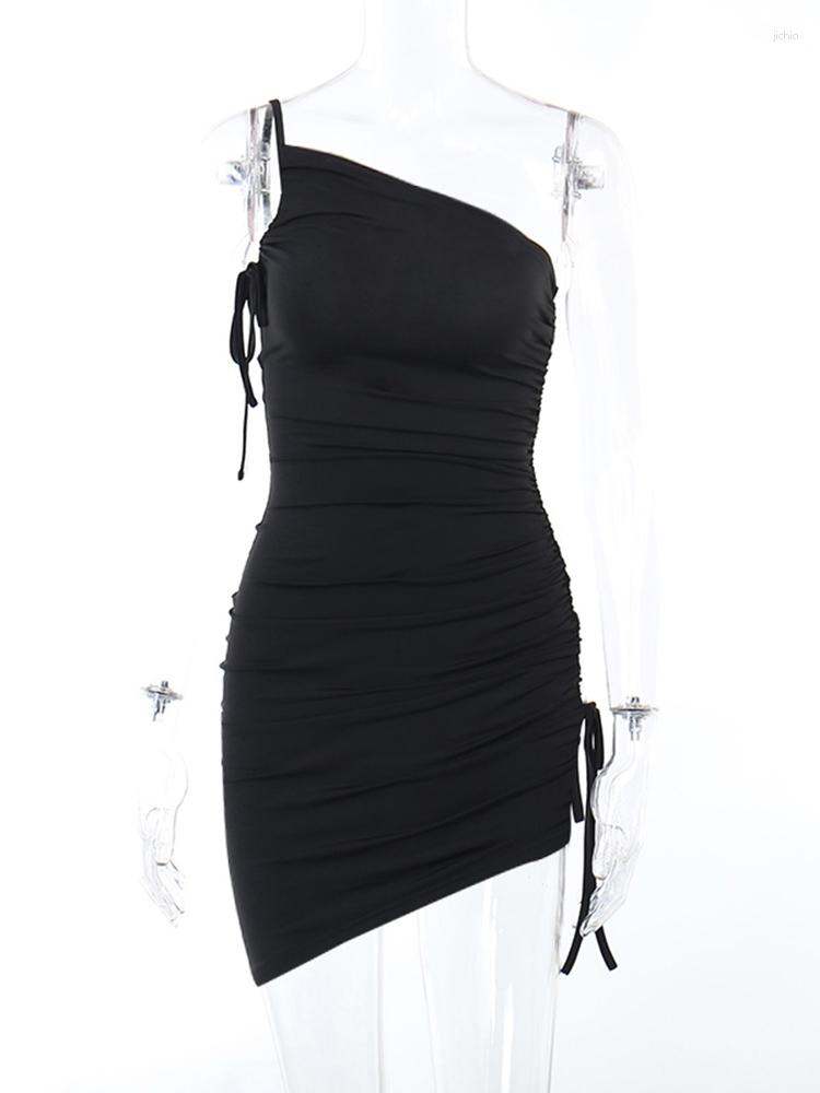 Casual Dresses Cute One Shoulder Backless Ruched Mini Dress Women Diagonal Collar Drawstring Bodycon Irregular Black Party Female