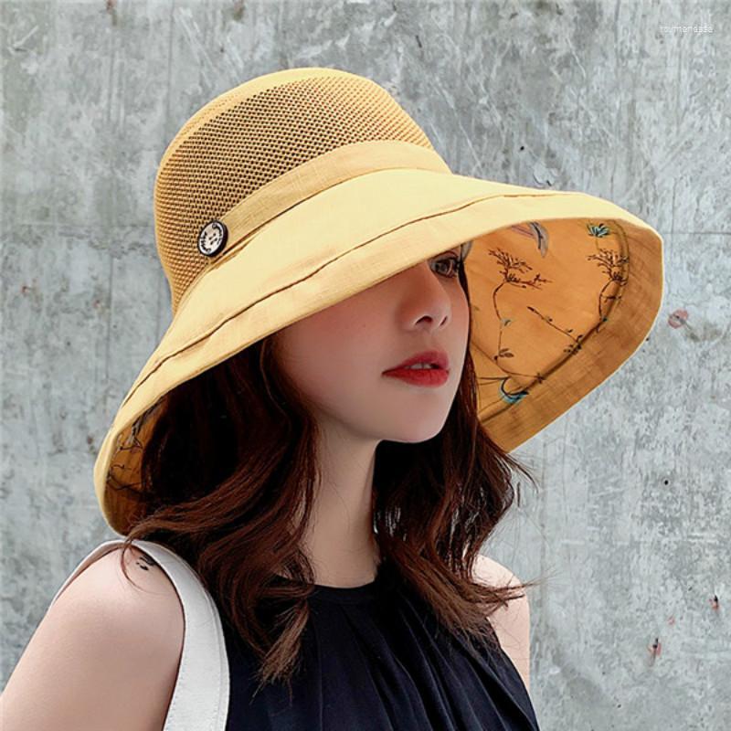 Wide Brim Hats Big Sun Hat For Women Mesh Anti-UV Protection Knitting Flower Print Beach Elegant Lady's Bucket Flat Caps, Red