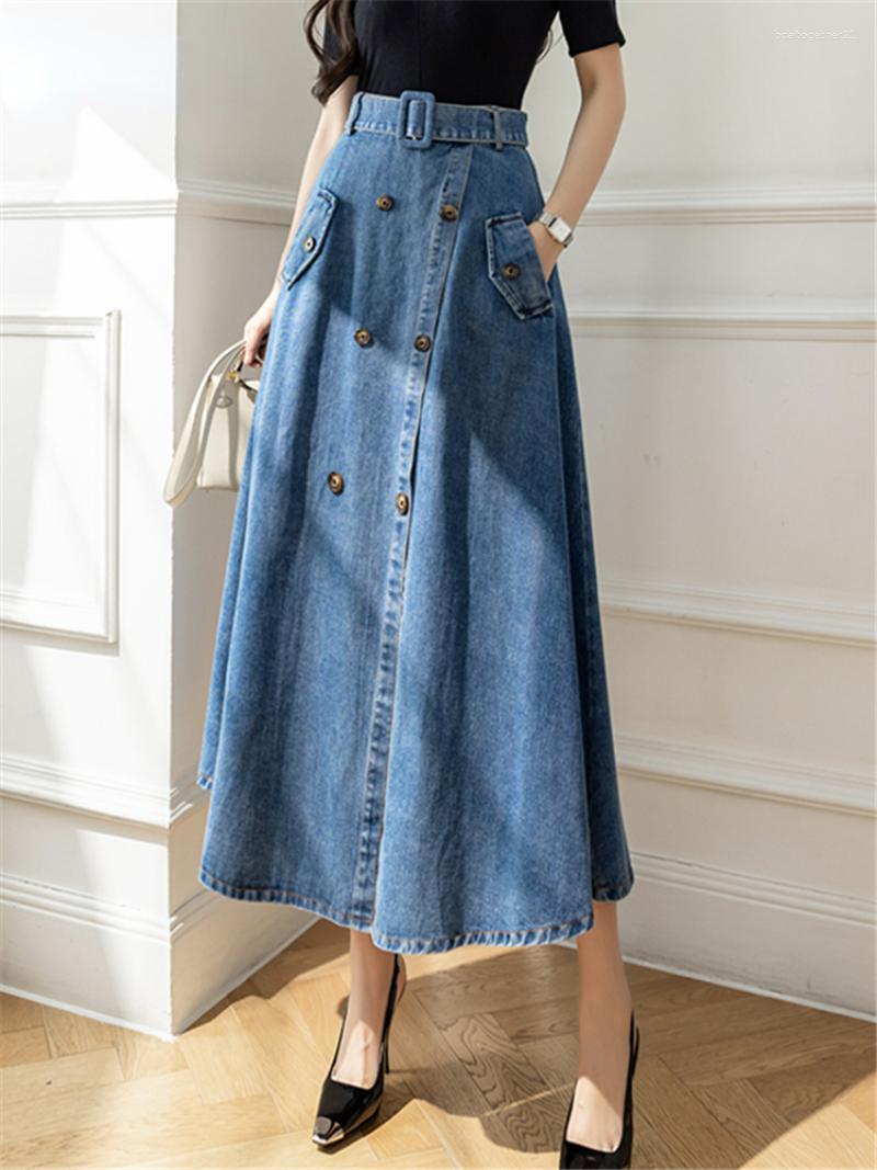 

Skirts 2023 Fashion Women's Denim Long Skirt With Belted High Wasit Double Breasted Umbrella Jeans Female Straight A-Line, The cowboy blue