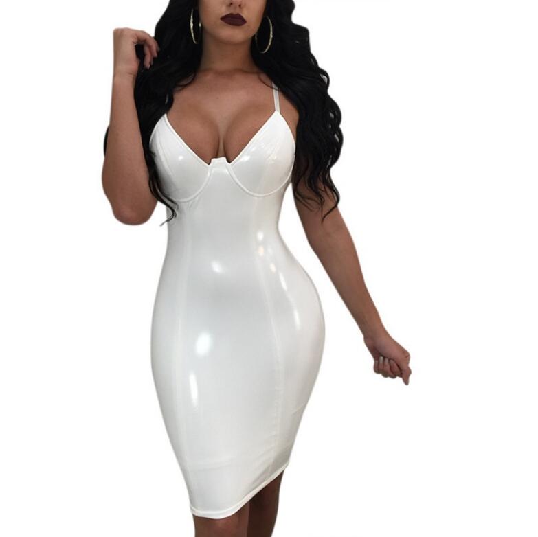 Summer Women Autumn Fashion Faux Leather Latex Dress V Neck Sexy Slim Pvc Black White Pink Red Long Party Plus Size Casual Dresses