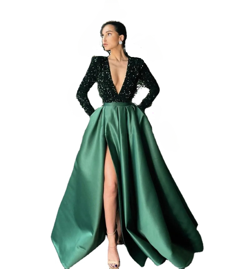 Dark Green Elegant Evening Dresses With Long Sleeve Dubai Arabic Sequins Satin Prom Gowns Party Dress Deep V-Neck High Split
Dark Green Elegant Evening Dresses With Long Sleeve Dubai Arabic Sequins Satin Prom Gowns Party Dress Deep V-Neck High Split