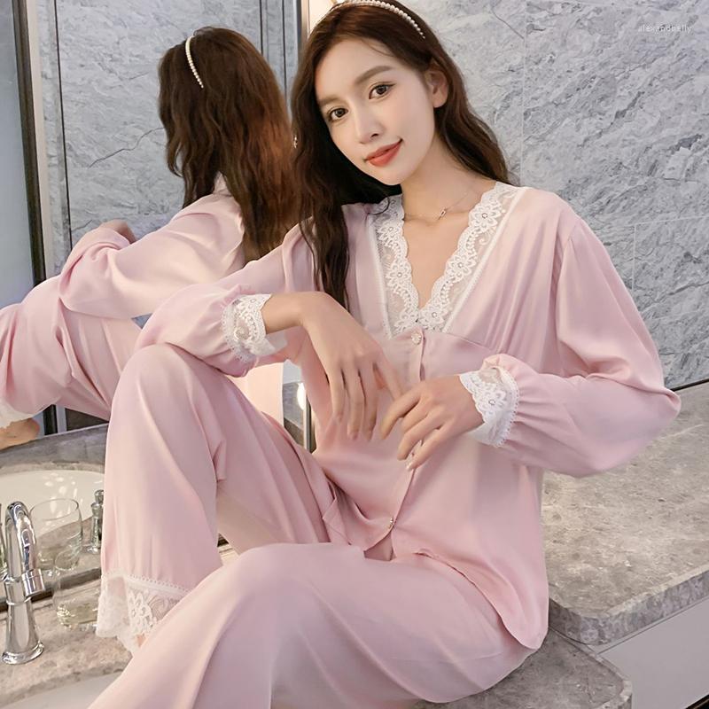 Women's Sleepwear Pajamas For Women 2023 Summer Silk Ladies Solid Color V-Neck Long Sleeves Sexy Lace Trouser Suits Set Woman 2 Pieces, White
Women's Sleepwear Pajamas For Women 2023 Summer Silk Ladies Solid Color V-Neck Long Sleeves Sexy Lace Trouser Suits Set Woman 2 Pieces, White
