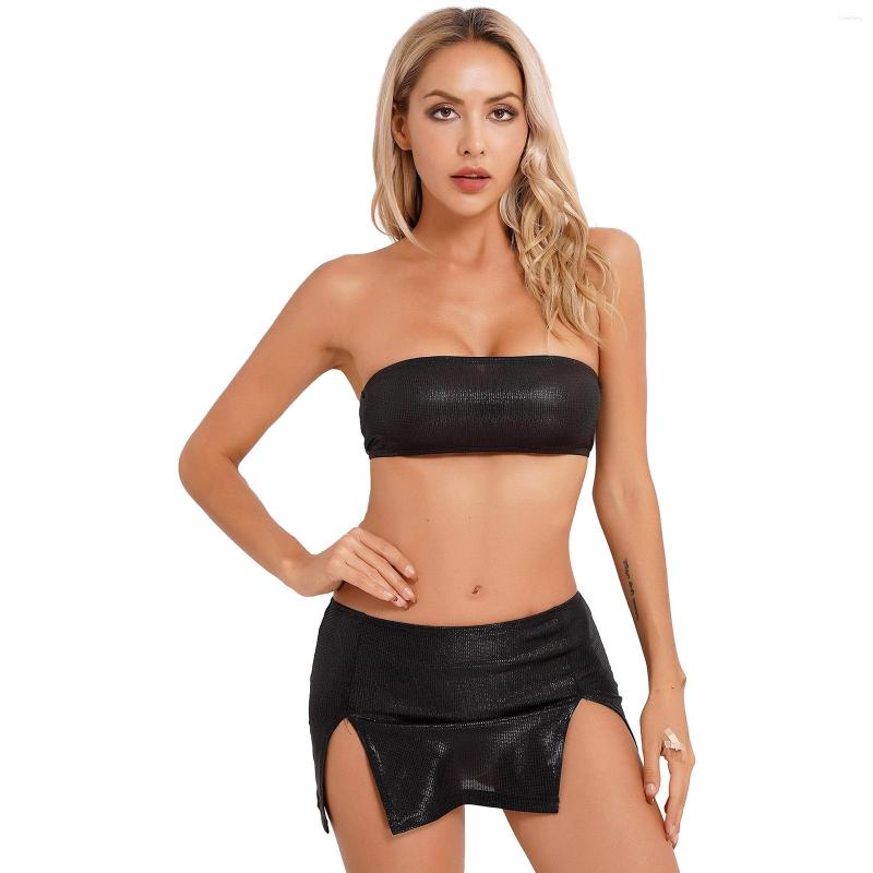 Bras Sets Womens Shiny Metallic Streetwear 2PCS Set Exotic Top Strapless Crop Vest With Side Split Mini Skirt Swimwear Club Outfits, Black
Bras Sets Womens Shiny Metallic Streetwear 2PCS Set Exotic Top Strapless Crop Vest With Side Split Mini Skirt Swimwear Club Outfits, Black