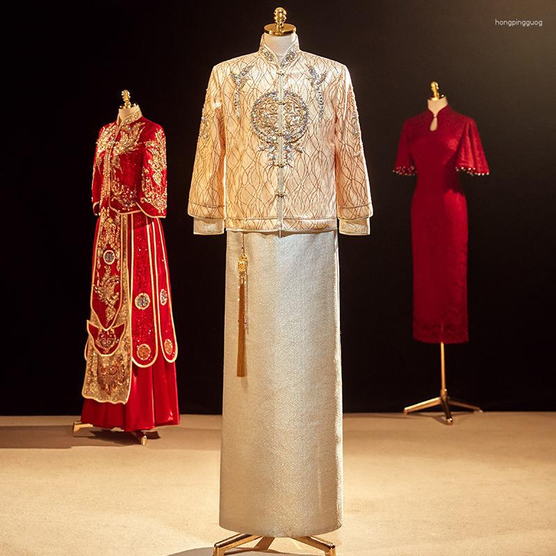 Ethnic Clothing Oriental Bridegroom Vintage Champagne Qipao Chinese Style Wedding Dress Sequins Beading Cheongsam Marriage Suit
Ethnic Clothing Oriental Bridegroom Vintage Champagne Qipao Chinese Style Wedding Dress Sequins Beading Cheongsam Marriage Suit