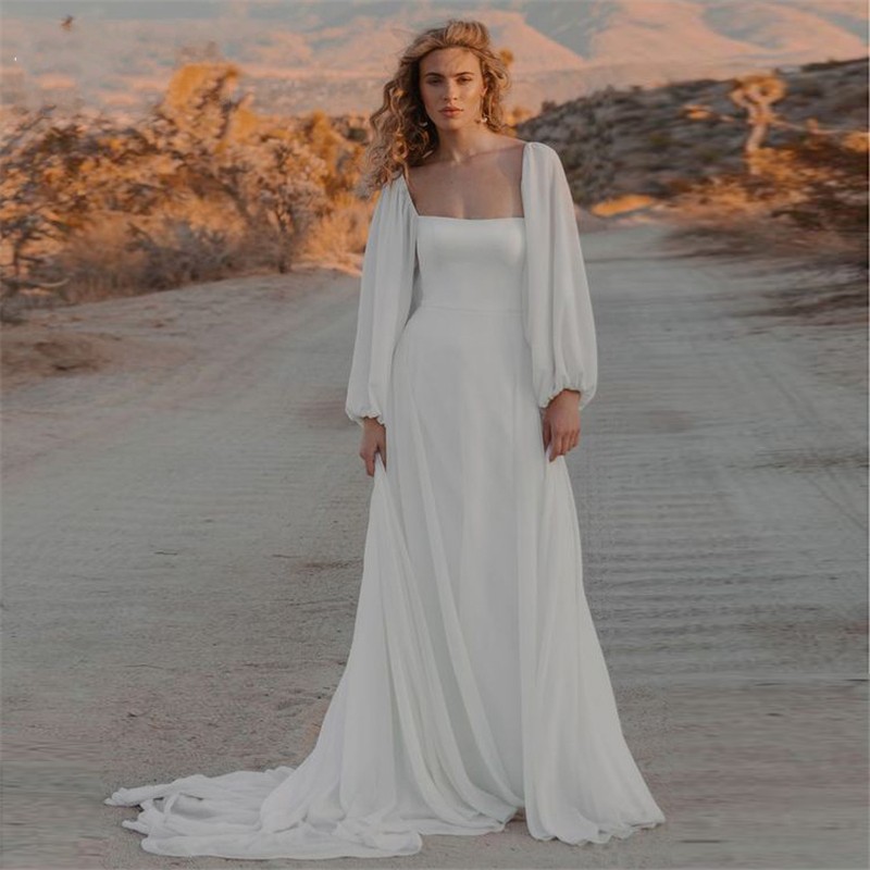Boho Wedding Dress for Women 2023 Backless Square Neck Long Sleeve Chiffon Bridal Gowns Simple Beach Vestidos De Noiva
