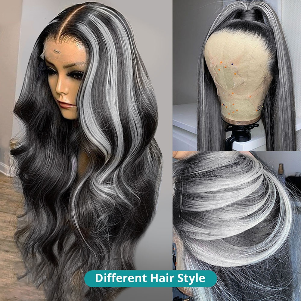HD Lace Grey Highlight Color Human Hair Wig with Baby Hair Glueless Body Wave Lace Front Wig Synthetic For Black Women
